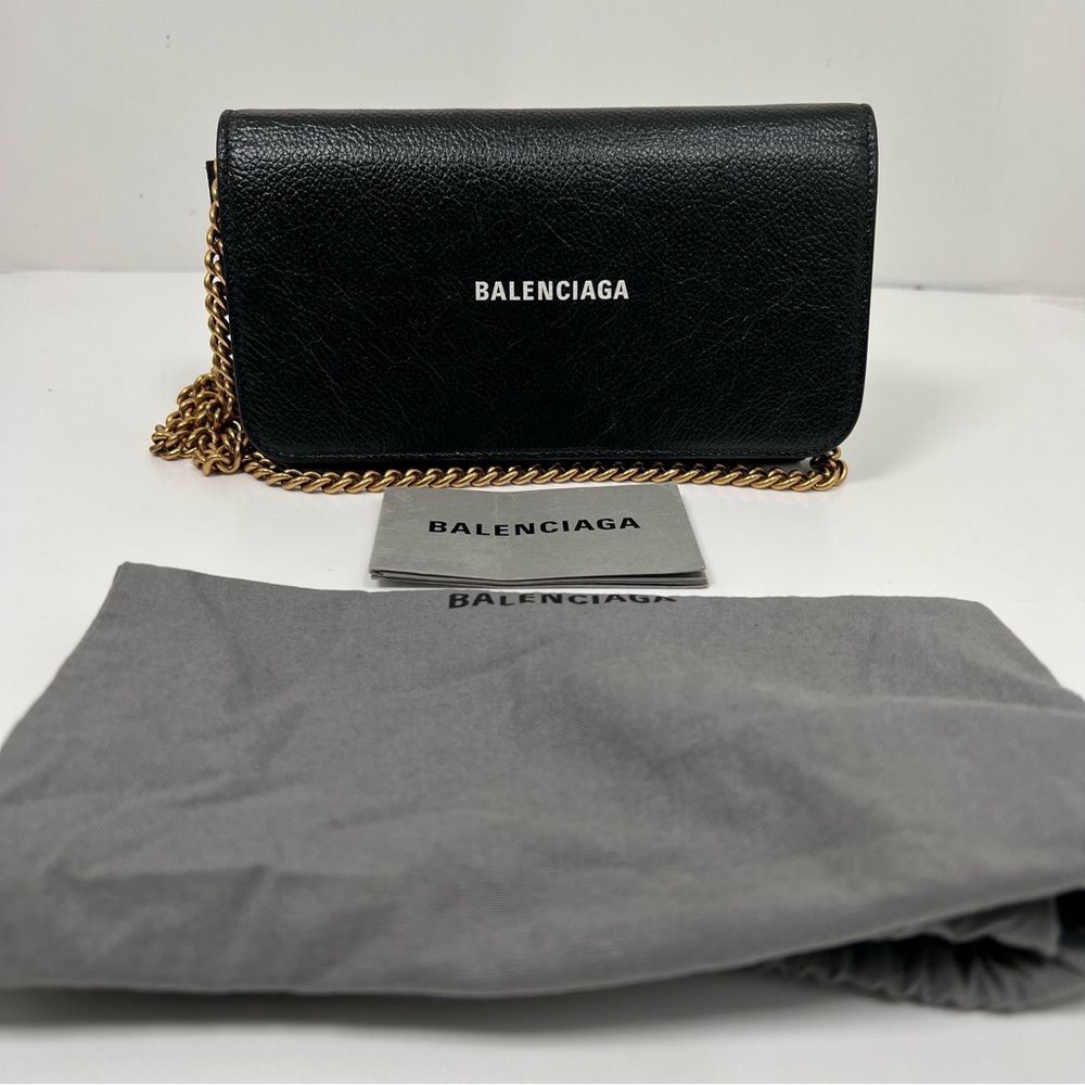 Balenciaga Black Leather Classic Logo Wallet on Gold Chain Crossbody Bag